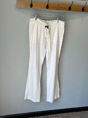 NWT Roxy White Linen Blend Pants Drawstring Beach Coastal Relaxed